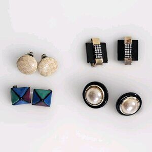 Vintage Clip On Earrings Lot of 4 Pairs Colorful Rhinestones Party 80s Y2K Boho